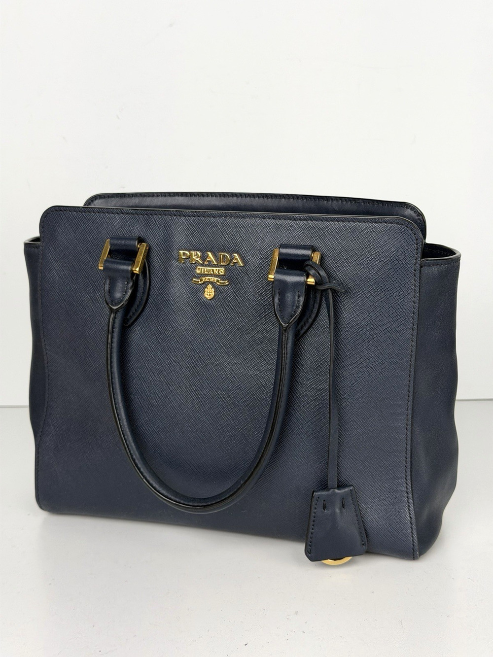 Prada Saffiano Small Top Handle Tote Bag in Blue Leather Gold-Tone Hardware S-05